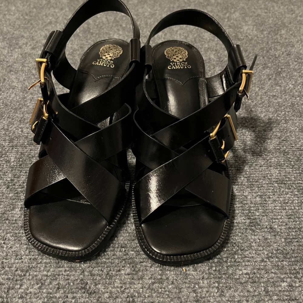 Vince Camuto Black Leather Multi Strap Buckle Block Heel Sandals Womens 8M